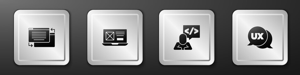 Set UI or UX design, , Front end development and icon. Silver square button. Vector.