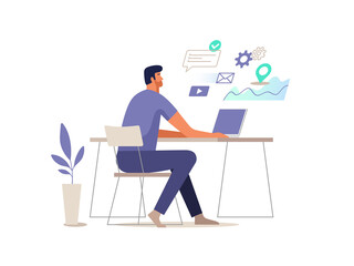 Man works at the computer. Vector illustration.