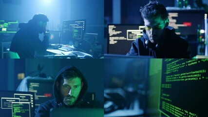 Multiscreen collage of busy computer hacker working with codes break into corporate data servers in the office at night. Programming.