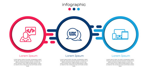 Set line Front end development, UI or UX design and Monitor, mobile, tablet. Business infographic template. Vector.