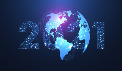 Poster - Modern futuristic technology template for Merry Christmas and Happy New Year 2021 with connected lines and dots. Plexus geometric effect. Global network connection illustration.