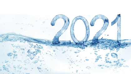 2021, Happy New Year 2021 water splash isolated on white background, water