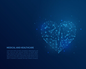abstract polygonal wireframe heart on blue background. medical and healthcare concept. vector illust