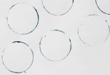 Wall Mural - blue shapes of Wine circle and Coffee ring stains. Wine glass marks or coffee cup round stains and dirty splashes and spots isolated. Hand drawn tea or ink ring stains on white background