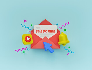 Wall Mural - subscribe newsletter. open mail envelope, play button, bell icon. minimal background for website and