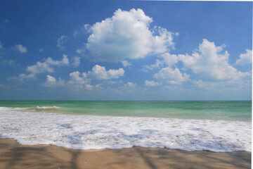 Beautiful tropical sea and sand beach with blue sky for background