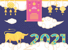 Chinese New Year 2021 Bull Clouds Lamps And Hangers Vector Design