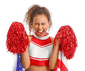 Poster - Emotional cheerleader with USA flag on white background