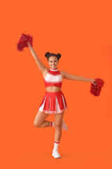 Poster - Beautiful young cheerleader on color background