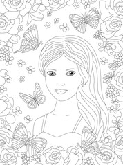 Wall Mural - lovely girl in blossom garden with roses surrounded by flying bu