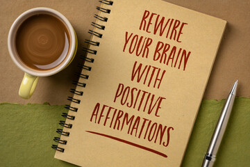 Wall Mural - rewire your brain with positive affirmations - inspirational writing in a spiral notebook with a cup of coffee, self improvement and personal development concept