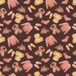 Seamless warm autumn pattern with knitted clothes sweater, scarf, hat on brown background