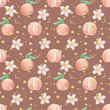 Seamless peaches with golden dots pattern on light brown background. Watercolor hand drawn repeat tile