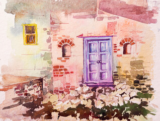 Beautiful watercolour image of a door of an old house. Old bricks are visible on the red wall.