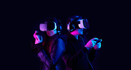 Wall Mural - gamers with virtual reality headsets and gamepads.