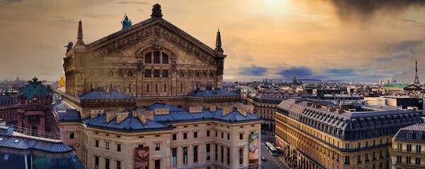Fototapete - The panoramic View from the Rooftop of Galeries Lafayette with Opera Garnier in the foreground, Paris roofs and Eiffel Tower