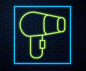 Sticker - Glowing neon line Hair dryer icon isolated on brick wall background. Hairdryer sign. Hair drying symbol. Blowing hot air. Vector.