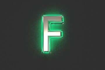 Wall Mural - Silver metallic with emerald outline and green backlight alphabet - letter F isolated on grey background, 3D illustration of symbols