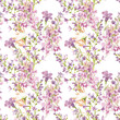 floral watercolor pattern. Seamless pattern with lilac flowers and herbs on a white background.