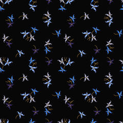 Vector floral seamless pattern with small abstract flowers, leaves. Ditsy texture. Modern minimal hand drawn background. Blue and black color. Repeat design for wallpaper, print, textile, fabric, wrap