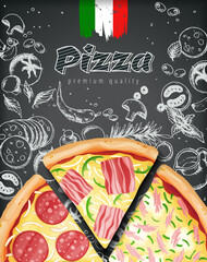 Wall Mural - Italian pizza ads or menu with illustration rich toppings dough on engraved style chalk doodle background.