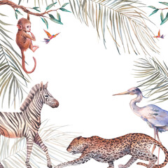 Jungle frame. Illustration with crane, monkey, leopard and zebra. Watercolor animal and tropical flora on white background.