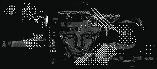 Aufkleber - Android head made of pixels and particles. Artificial Intelligence, Neural network and futuristic technology concept.  