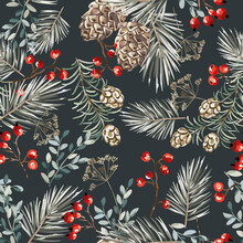 Christmas Seamless Pattern, Red Berries, Fir Twigs, Cedar Cones, Black Background. Vector Illustration. Nature Design. Season Greeting. Winter Xmas Holidays