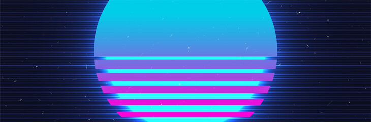 Retrowave Sun. Sci-fi banner template. Retro futuristic party poster. TV lines effect. Old VHS scratches. Wide vector illustration. 80s gradient Sun