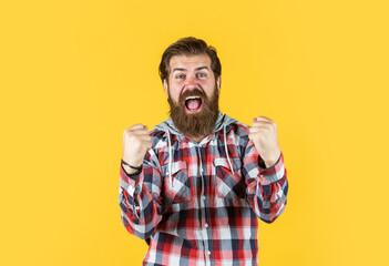 yes. male beauty and fashion. confident and strict man in casual checkered shirt. mature bearded man in plaid shirt. handsome man wearing checkered shirt on yellow background