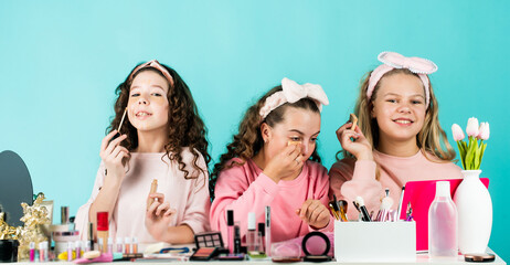 stylish beauty. three friends with happy face. smiling girls friends have fun on spa beauty salon party. beauty portrait of three children with natural make up and healthy skin. happy childrens day