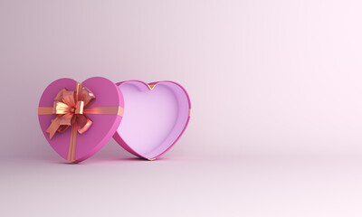 Pink opened heart shape gift box with copy space, Happy valentines day concept, 3D rendering illustration