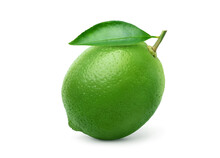 Green Lime With Leaf Isolated On White Background. Clipping Path.