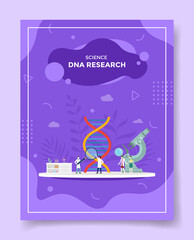science dna research concept people doctor nurse scientist around spiral genome magnifier analyze microscope for template of banners, flyer, books cover, magazines with liquid shape style