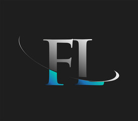 fl initial logo company name colored blue and white swoosh design, isolated on dark background. vect