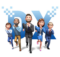 Illustration of a businessman dashing toward success against the background of DX characters by 3d rendering_3
