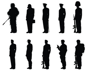 Wall Mural - Set of soldier silhouette vector, person in black and white.