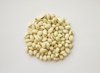  circle shape Pistachios isolated on white background, top view. 