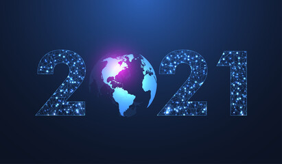 Fototapete - Modern futuristic technology template for Merry Christmas and Happy New Year 2021 with connected lines and dots. Plexus geometric effect. Global network connection illustration.