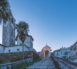 Stone staircase of the medieval church of Baveno, San Gervasio e Protasio, lake Maggiore, Piedmont, italian lakes, Italy.