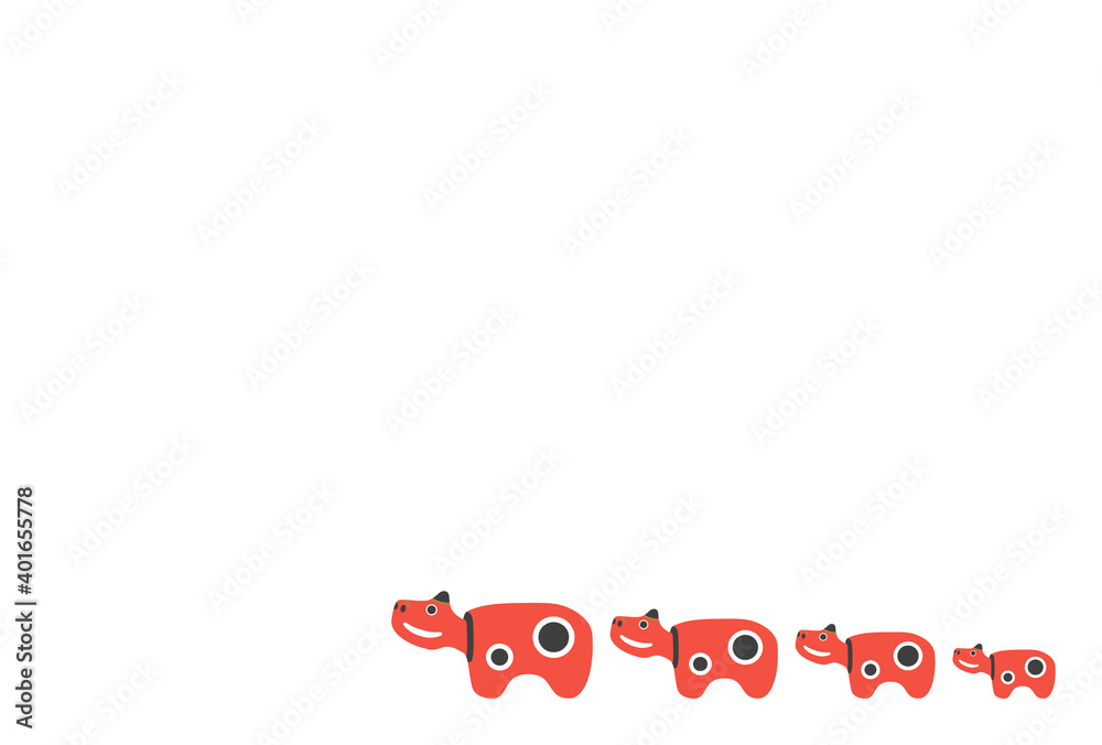 Leinwandbilder 牛 丑年イメージ年賀状素材 福島県会津若松市の郷土玩具 厄除け牛 幸運の牛 赤べこ 4匹入りイラスト 白背景 Spica