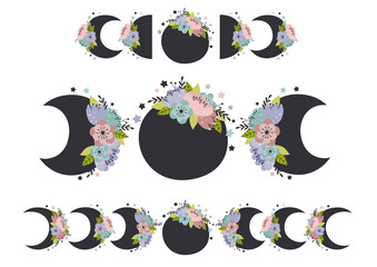 Wall Mural - set of isolated floral moon phases