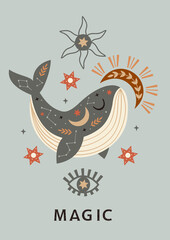 Wall Mural - celestial poster with whale, moon, eye, sun