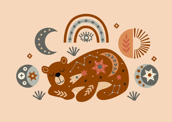 Wall Mural - celestial poster with bear, moon, rainbow