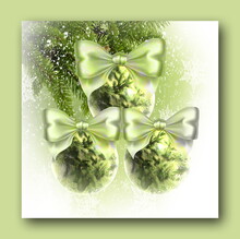 3D Fractal Christmas Card.Green Balloons With Bows.