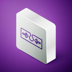 Isometric line Acne icon isolated on purple background. Inflamed pimple on the skin. The sebum in the clogged pore promotes the growth of a bacteria. Silver square button. Vector.