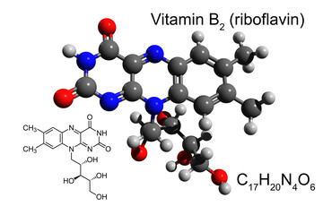 Wall Mural - Chemical formula, structural formula and 3D ball-and-stick model of vitamin B2 (riboflavin), white background