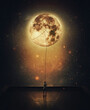 Leinwandbild Motiv Surreal scene with a person stealing moon from the night sky. Determined man on the rooftop pulling the full moon using a rope. Overcome and achievement concept. Adventurer doing a romantic gesture
