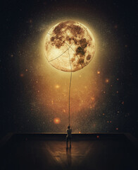surreal scene with a person stealing moon from the night sky. determined man on the rooftop pulling 