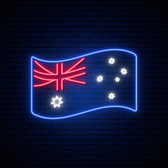 Wall Mural - Australia flag neon sign. Glowing Australia flag isolated on dark brick wall background. Stock vector illustration.